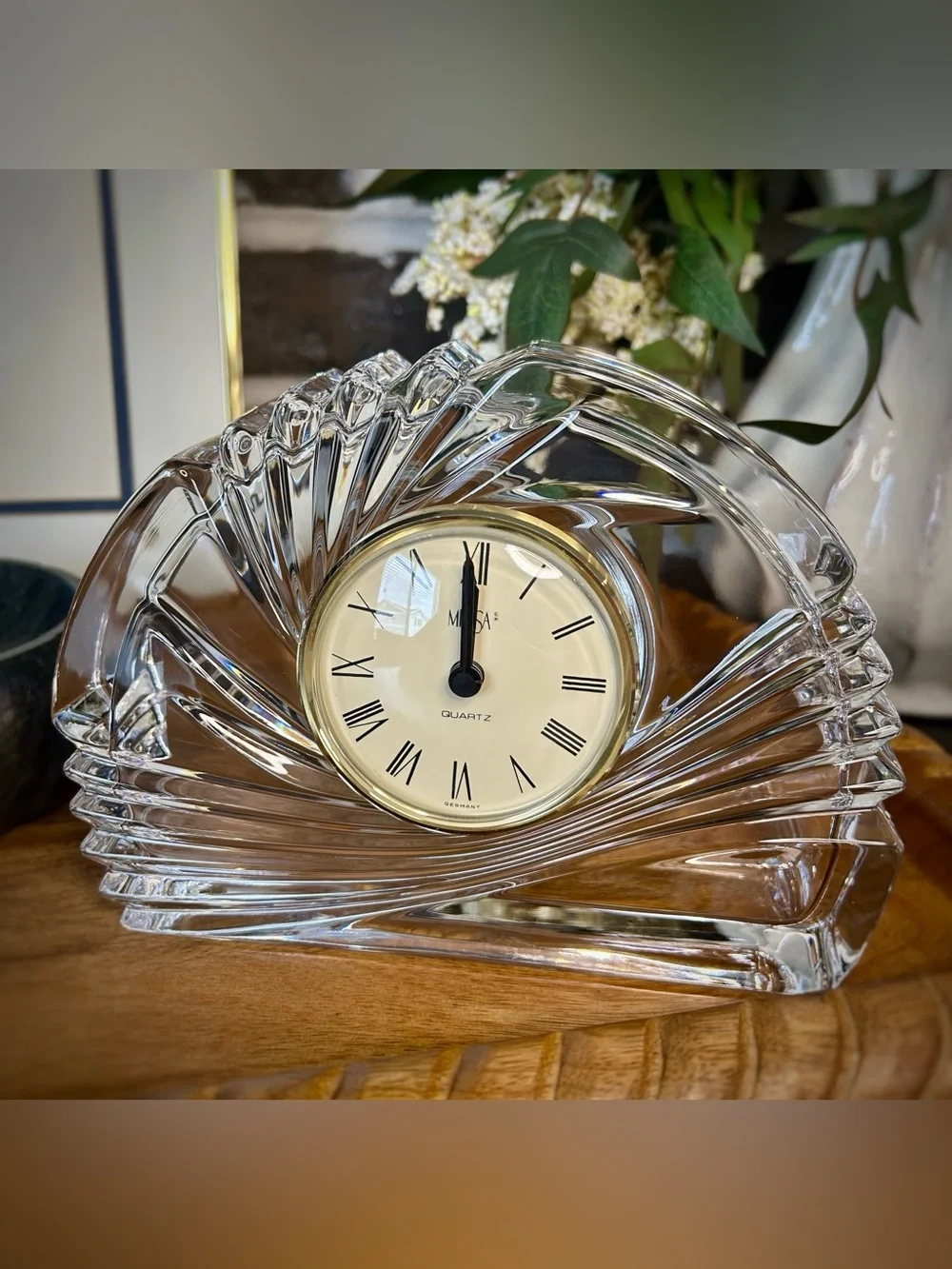 Mikasa Crystal Art Deco Fan Clock | Heavy German Quartz Desk Decor